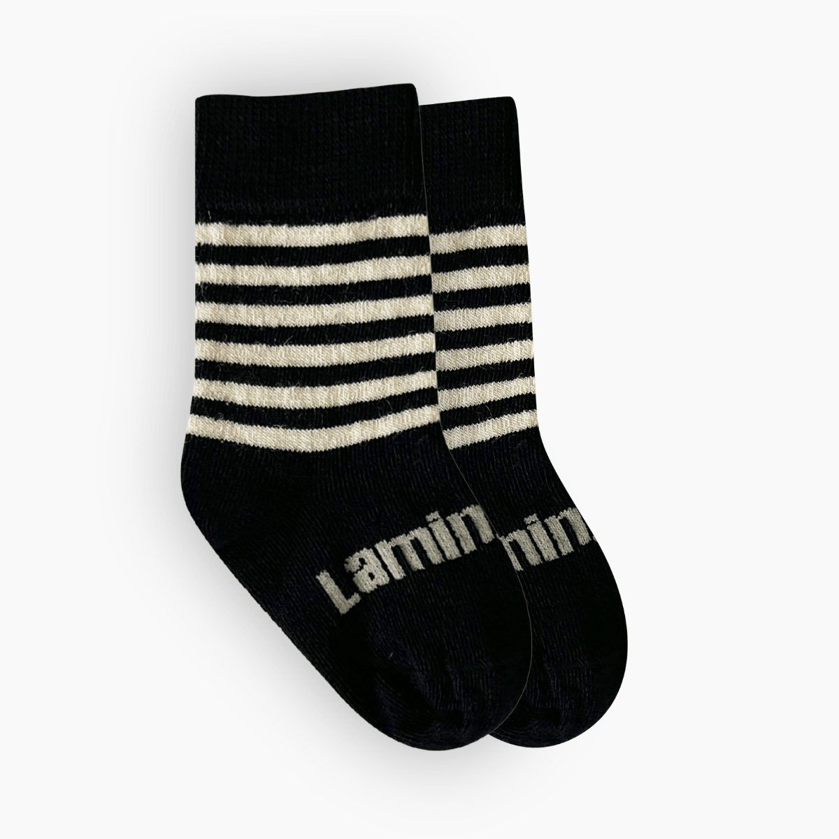 Lamington baby merino crew socks in black with latte stripes made in New Zealand.