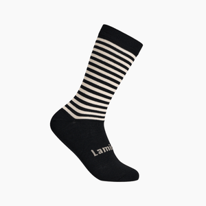 Lamington men's merino crew socks in black with latte stripes made in New Zealand.