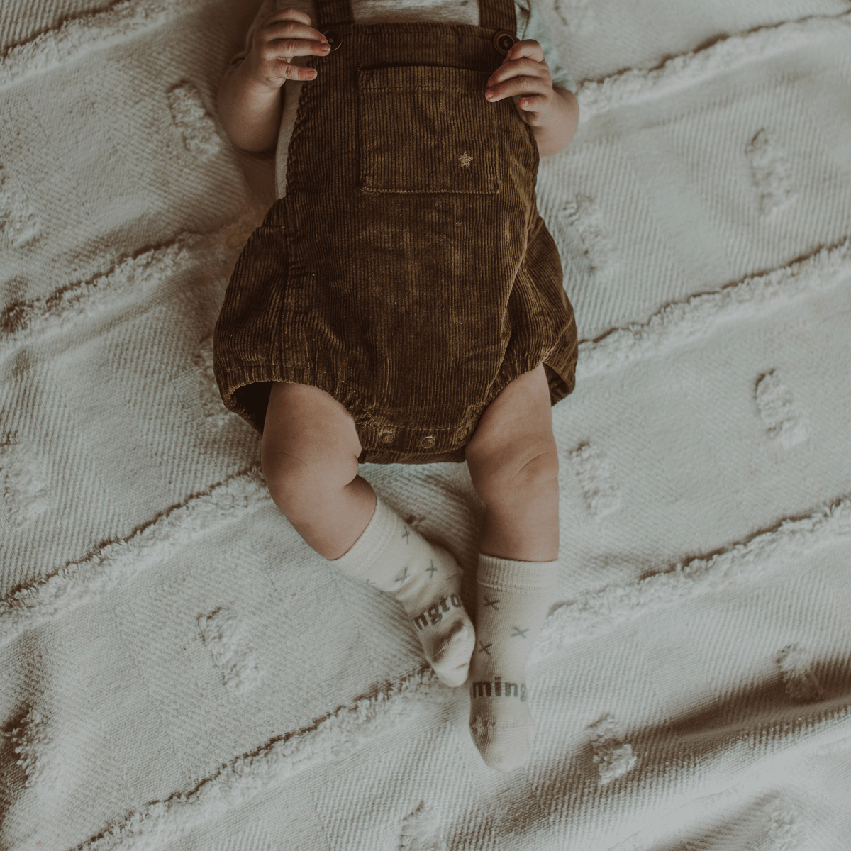 Merino Wool Crew Socks | BABY | Fox - Newborn natural socks with grey cross pattern for baby feet.