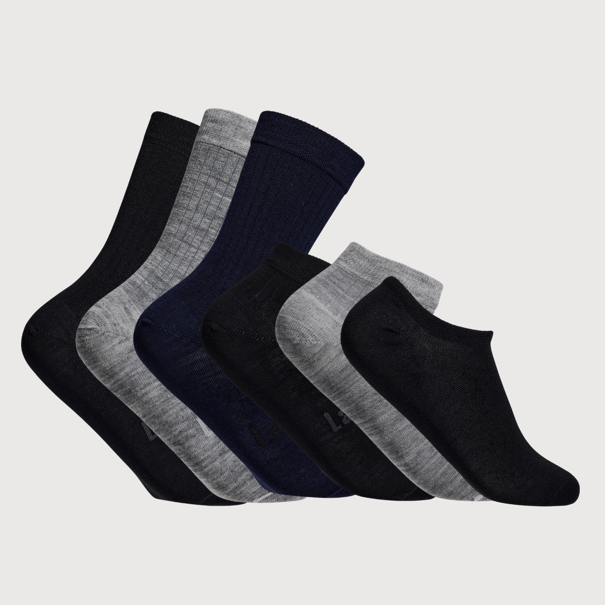 Merino Wool Socks for men displayed in a 7 day set with various dark colors and designs.