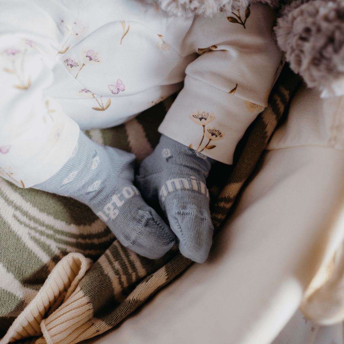 Light Blue with white flowers merino wool baby crew socks by Lamington Australia