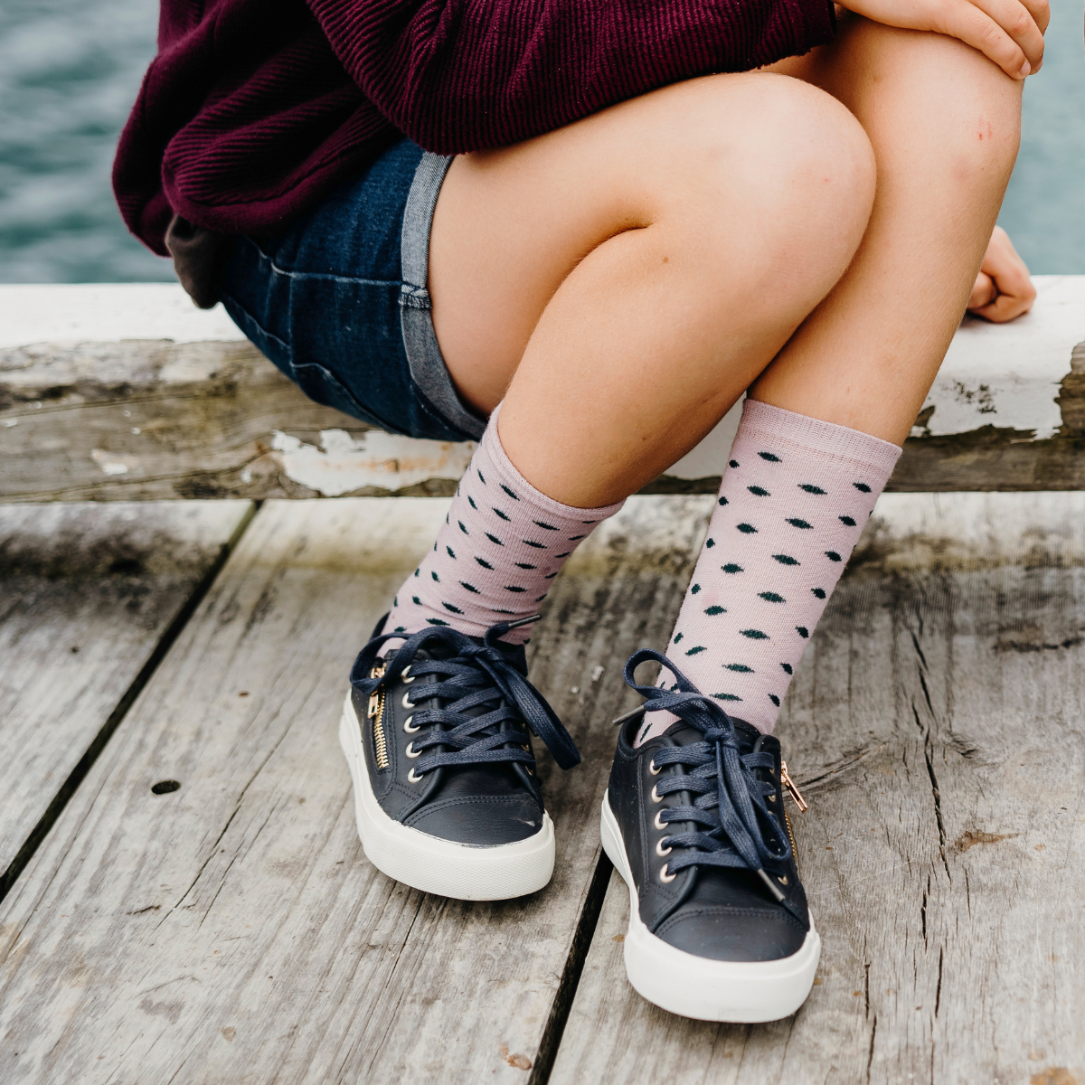 Lilac with Dark Green spots Merino Wool child socks by Lamington Australia