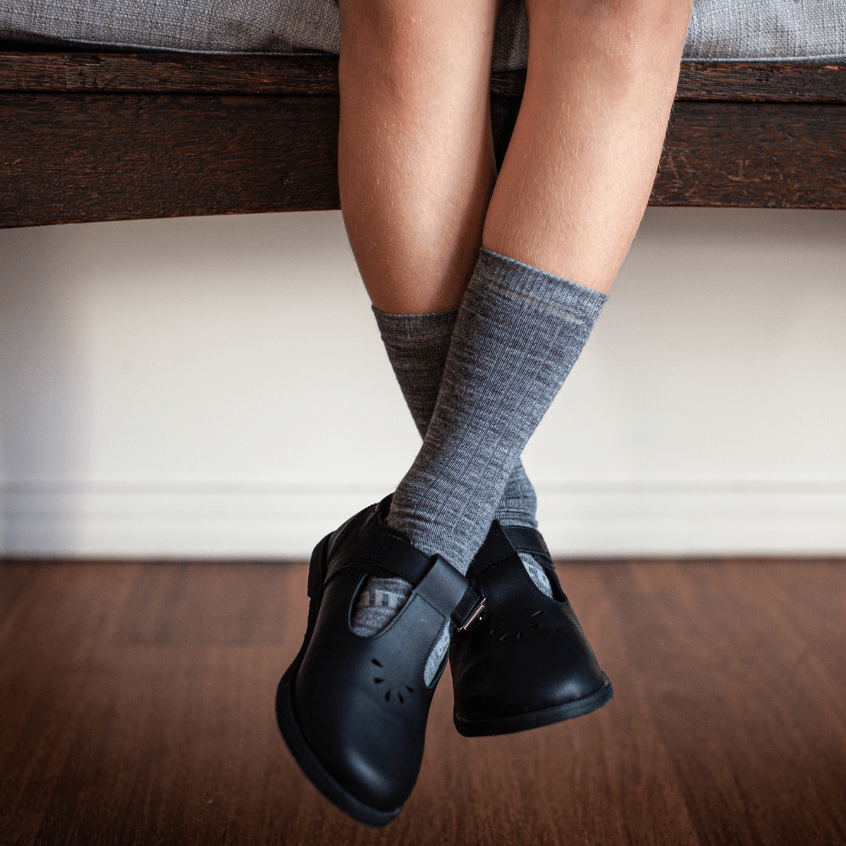 child wearing grey crew school socks aus merino wool