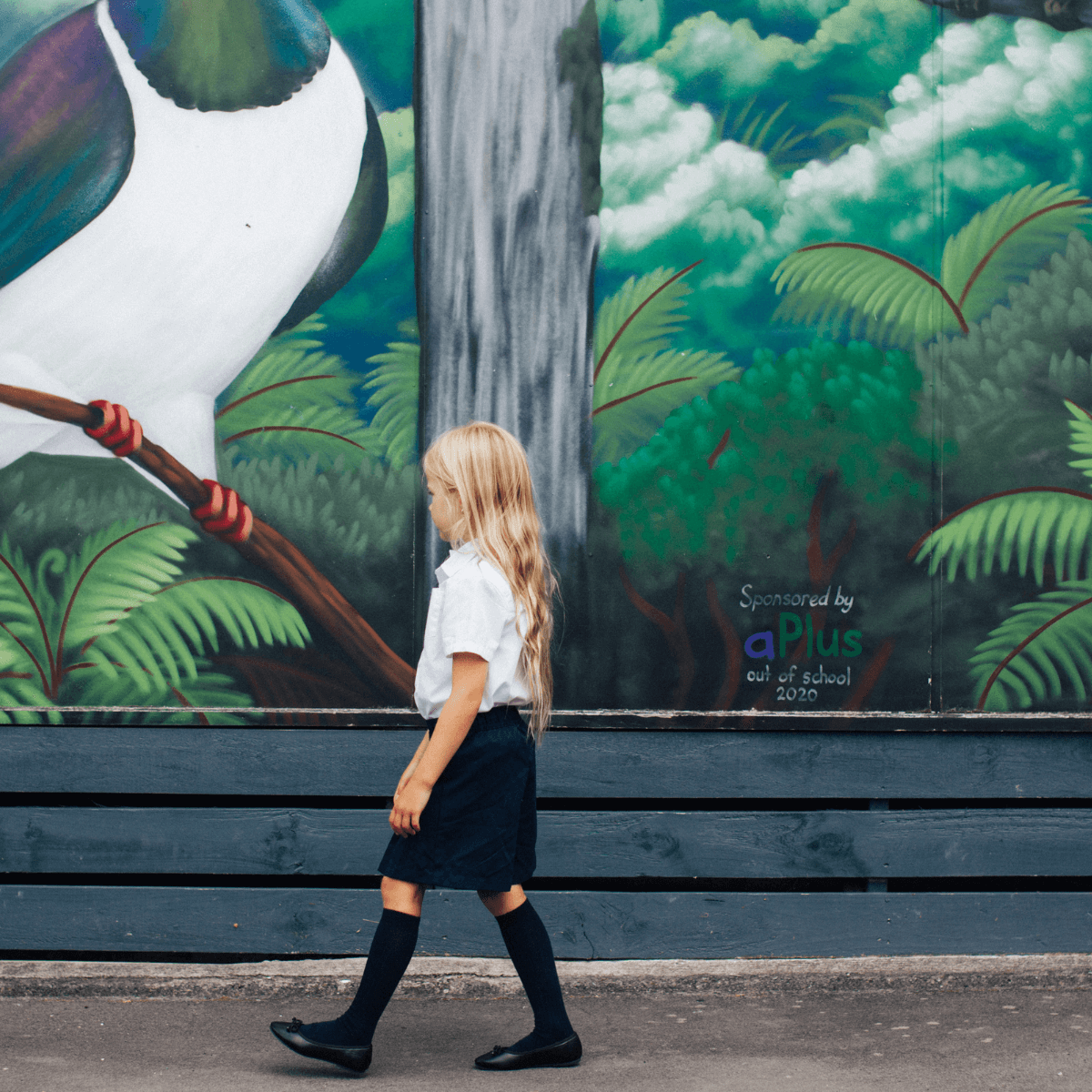 child wearing navy merino wool knee high socks at school aus