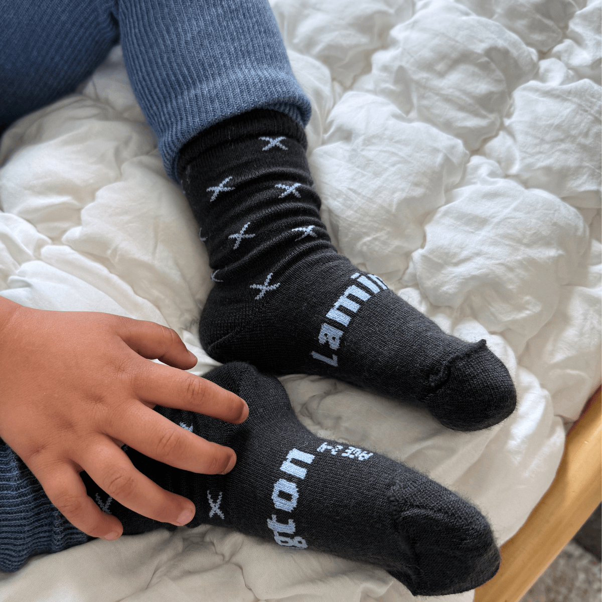 Dark Grey with light blue crosses merino wool child crew socks by Lamington Australia