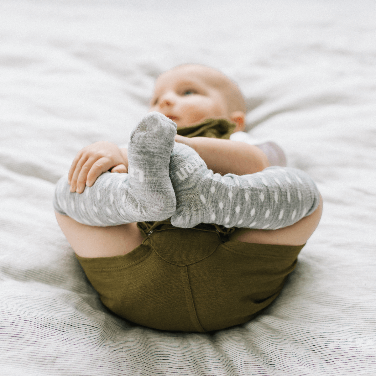 Merino Wool Knee High Socks for Baby in Snowflake, Light Grey Marle with Natural spots, Newborn Natural Collection.