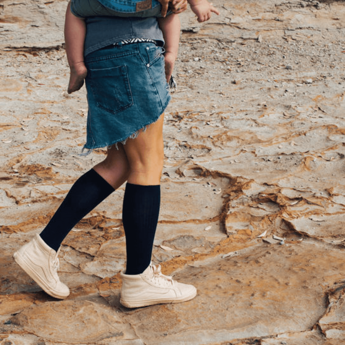 woman wearing navy merino wool knee-high socks school plain au