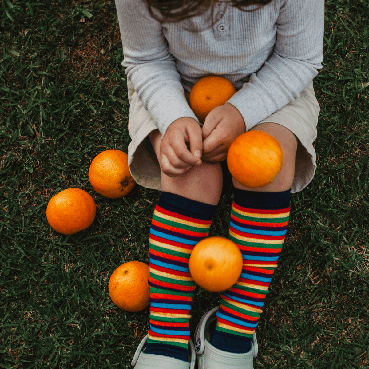 Merino Wool child Knee-high socks rainbow stripes by Lamington NZ