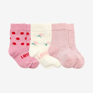 Lamington baby merino sock 3 day gift set with pink designs and laundry bag made in New Zealand.