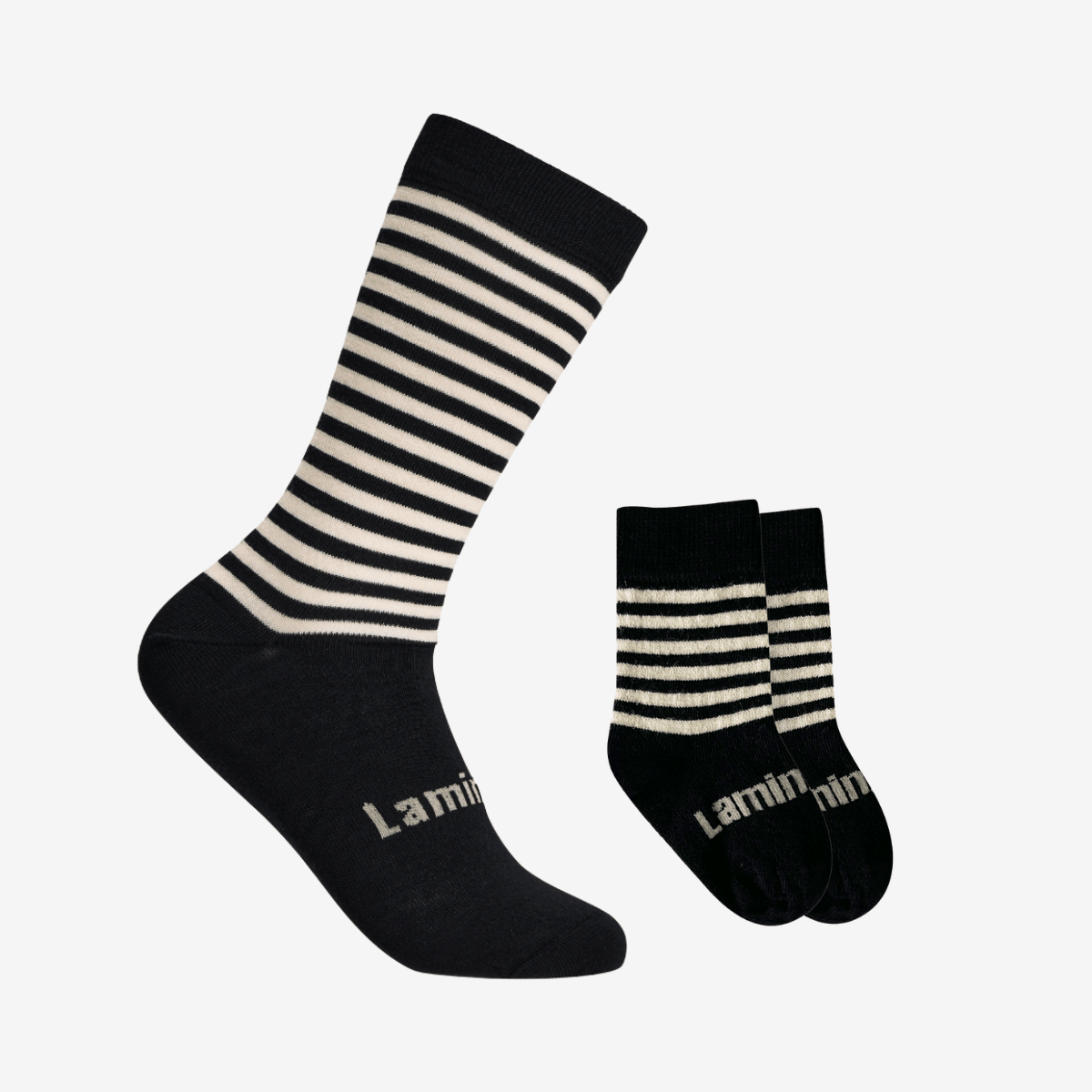 Lamington Daddy and Me gift set with men's and baby merino crew socks in black and white stripes made in New Zealand.
