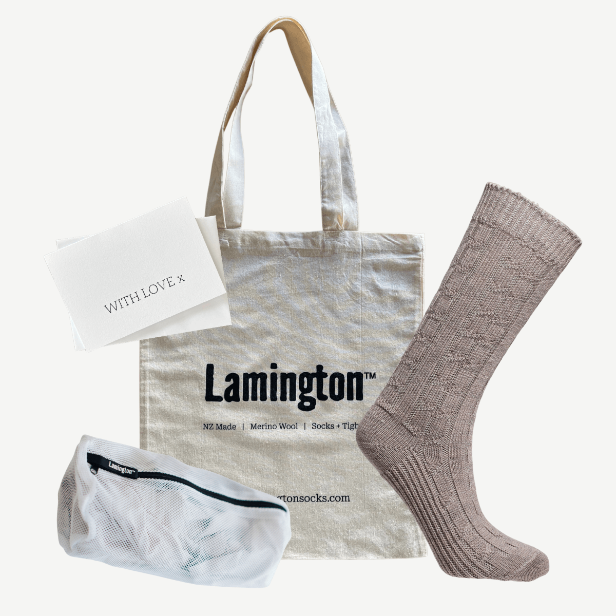 gift bundle with tote bag, laundry bag, card and thick knit merino wool socks women aus