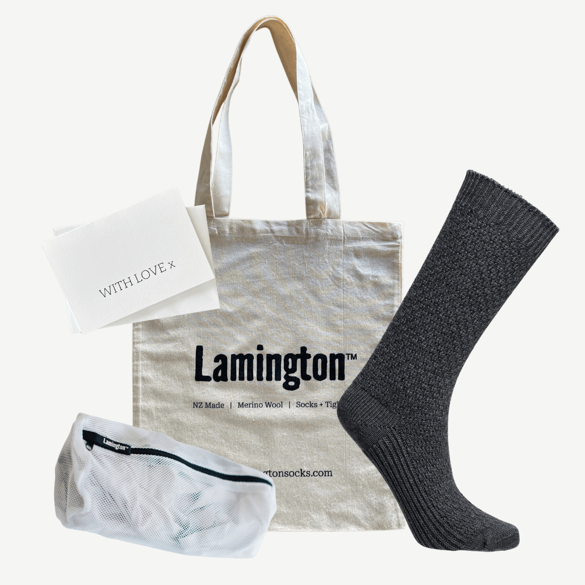 gift bundle with tote bag, laundry bag, card and thick knit merino wool socks women aus