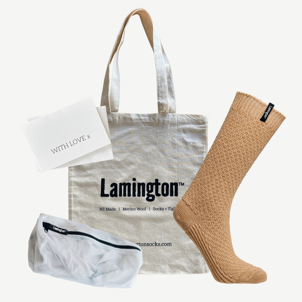 gift bundle with tote bag, laundry bag, card and thick knit merino wool socks women aus