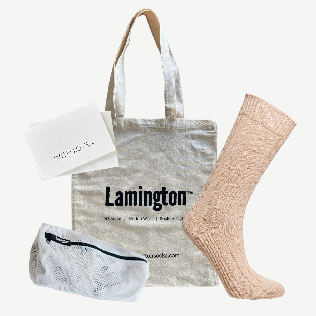 gift bundle with tote bag, laundry bag, card and thick knit merino wool socks women aus