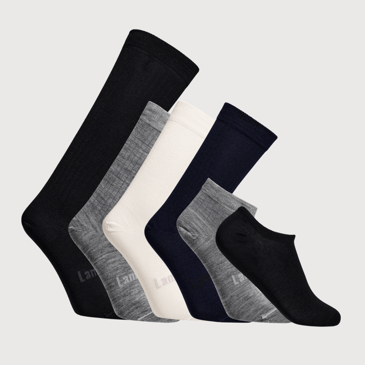 Merino Wool Socks for women displayed in a 7 Day Set featuring various colors and lengths.